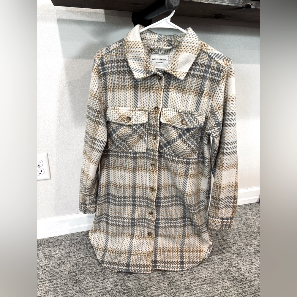 Like New Fleece Long Neutral Plaid Shacket